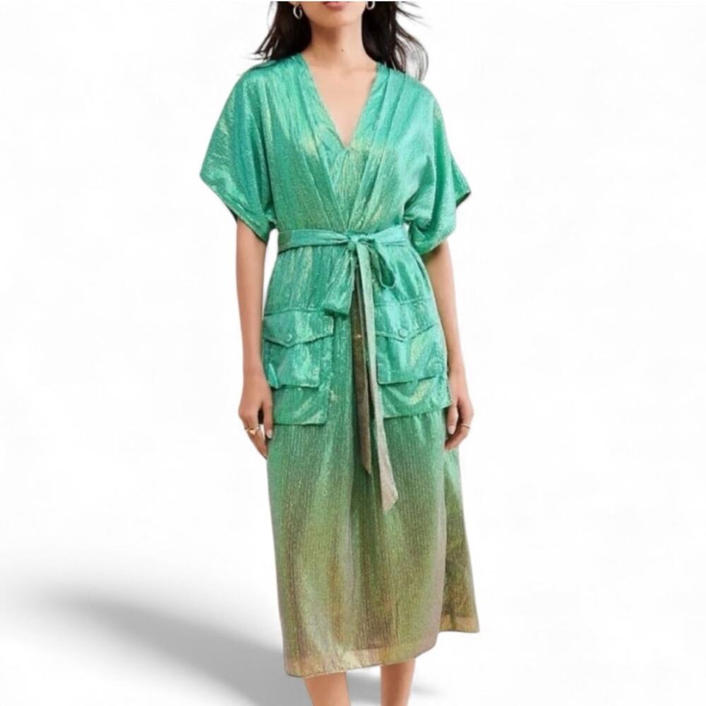 Women’s Green Metallic Midi Dress with Belt